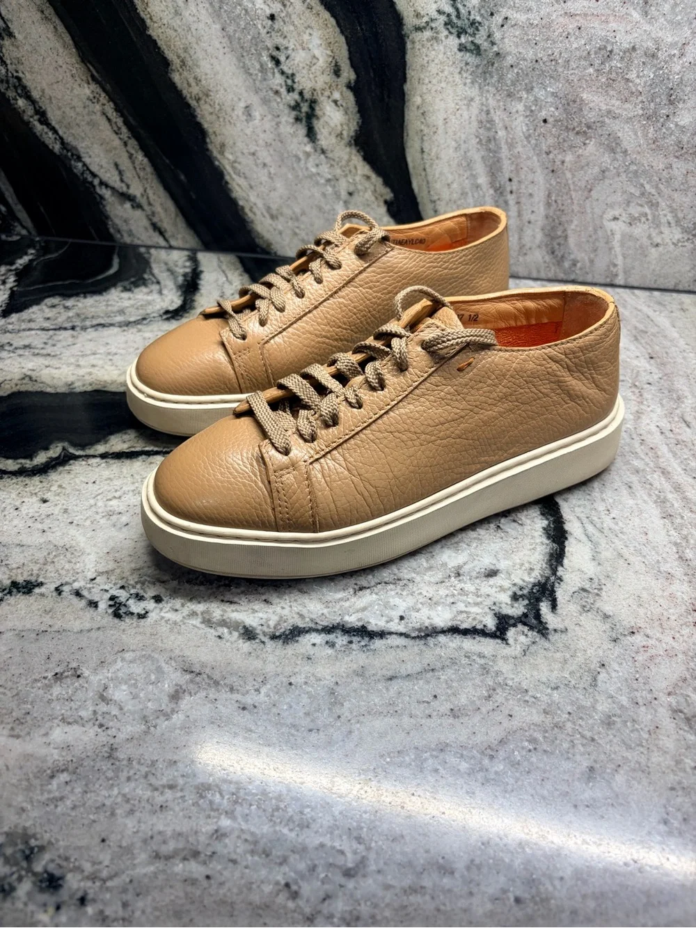 Santoni Women’s 37.5 Taupe Pebbled Leather Sneakers Made Italy 7.5 US
